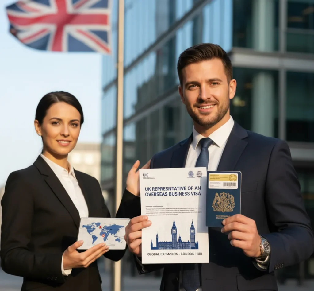 An image of two smiling business professionals, a man and a woman, stand in a modern UK business district with a Union Jack flag in the background. The man proudly displays an official document for the 'Representative of an Overseas Business Visa UK' and a passport with the visa vignette. His colleague holds a tablet showing a world map, signifying a successful global expansion into the United Kingdom.