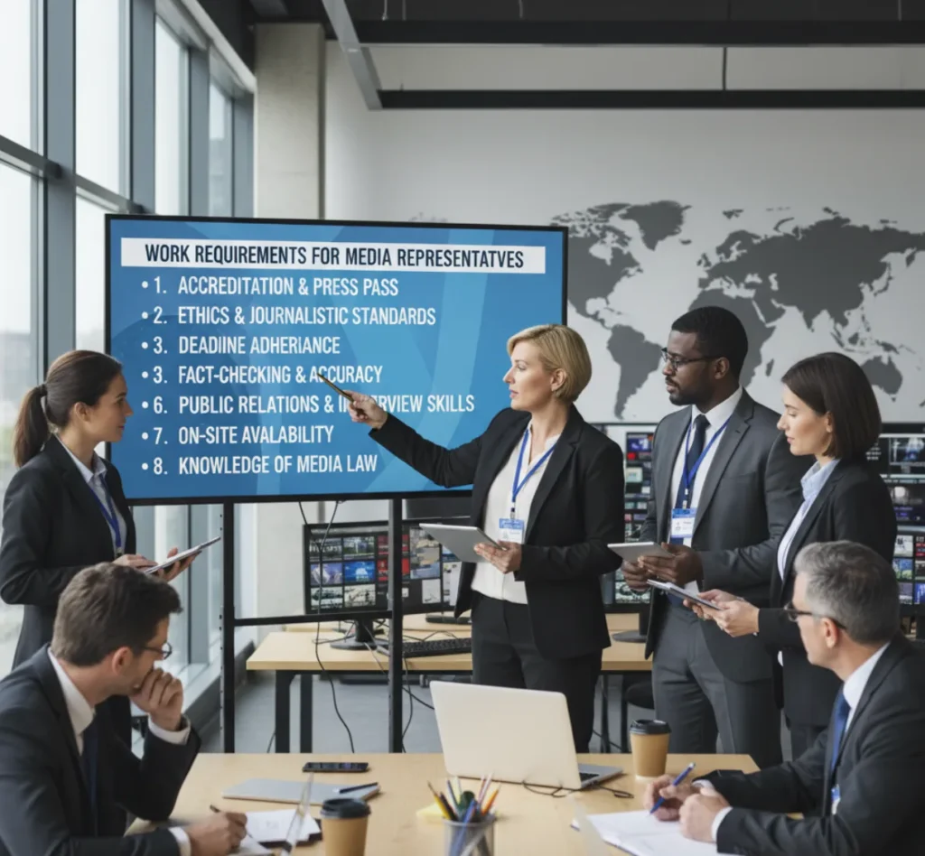 A diverse group of media professionals in business attire attend a training session in a modern conference room. A female presenter stands and points to a large screen that reads "WORK REQUIREMENTS FOR MEDIA REPRESENTATIVES." The screen displays a numbered list of key duties, including "1. Accreditation & Press Pass," "2. Ethics & Journalistic Standards," and "3. Deadline Adherence." Her colleagues are gathered around a table, listening attentively and taking notes. The background shows a world map and multiple monitors, suggesting a global news organization's office.
